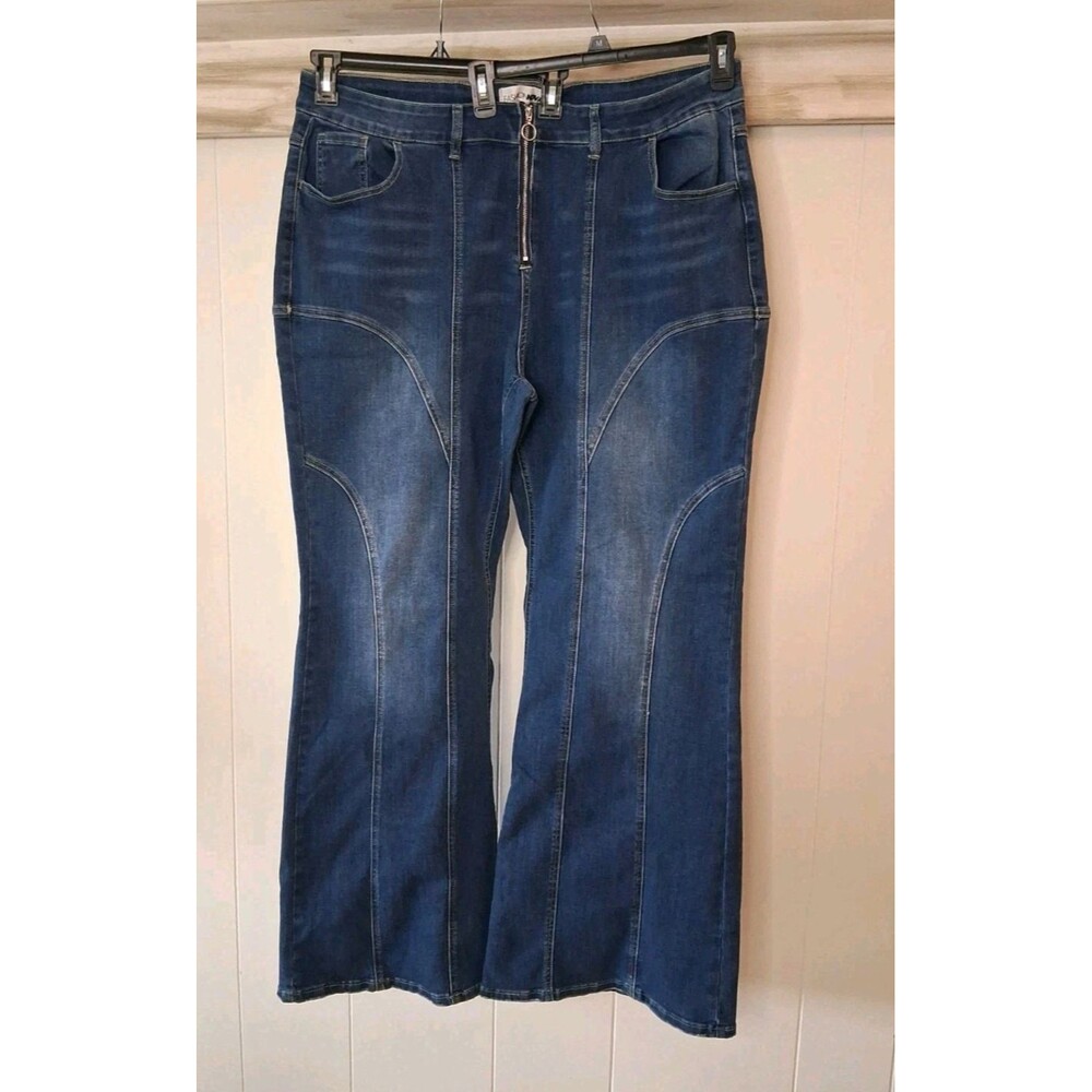 Fashion Nova Women's Blue Flare Jeans with Front Zip